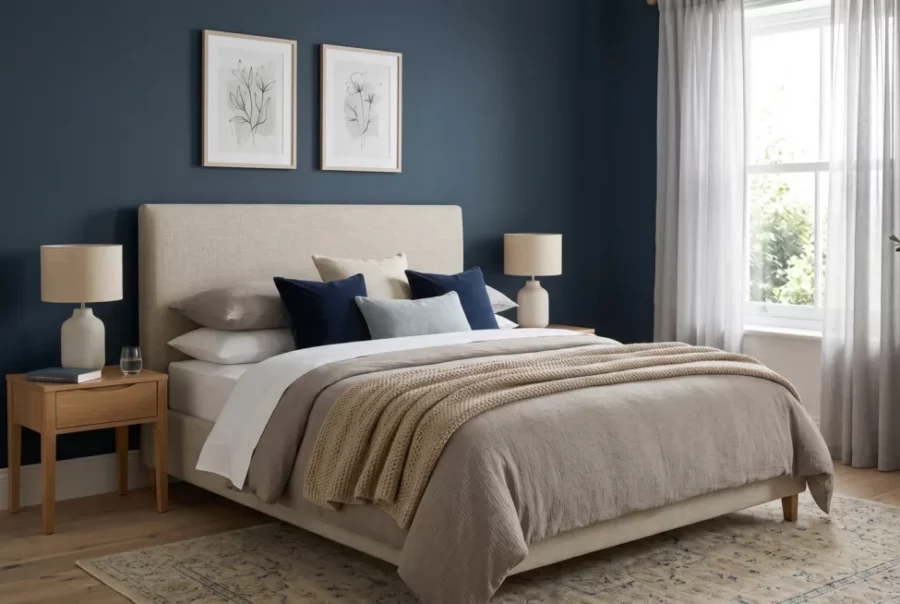 Kleuradvies slaapkamer met diepe ingetogen tint op de hoofdwand achter het bed voor rustige verzadiging.