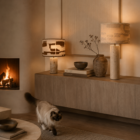 VDK Tivoli Table Lamp Travertine + Shade Woven Earth